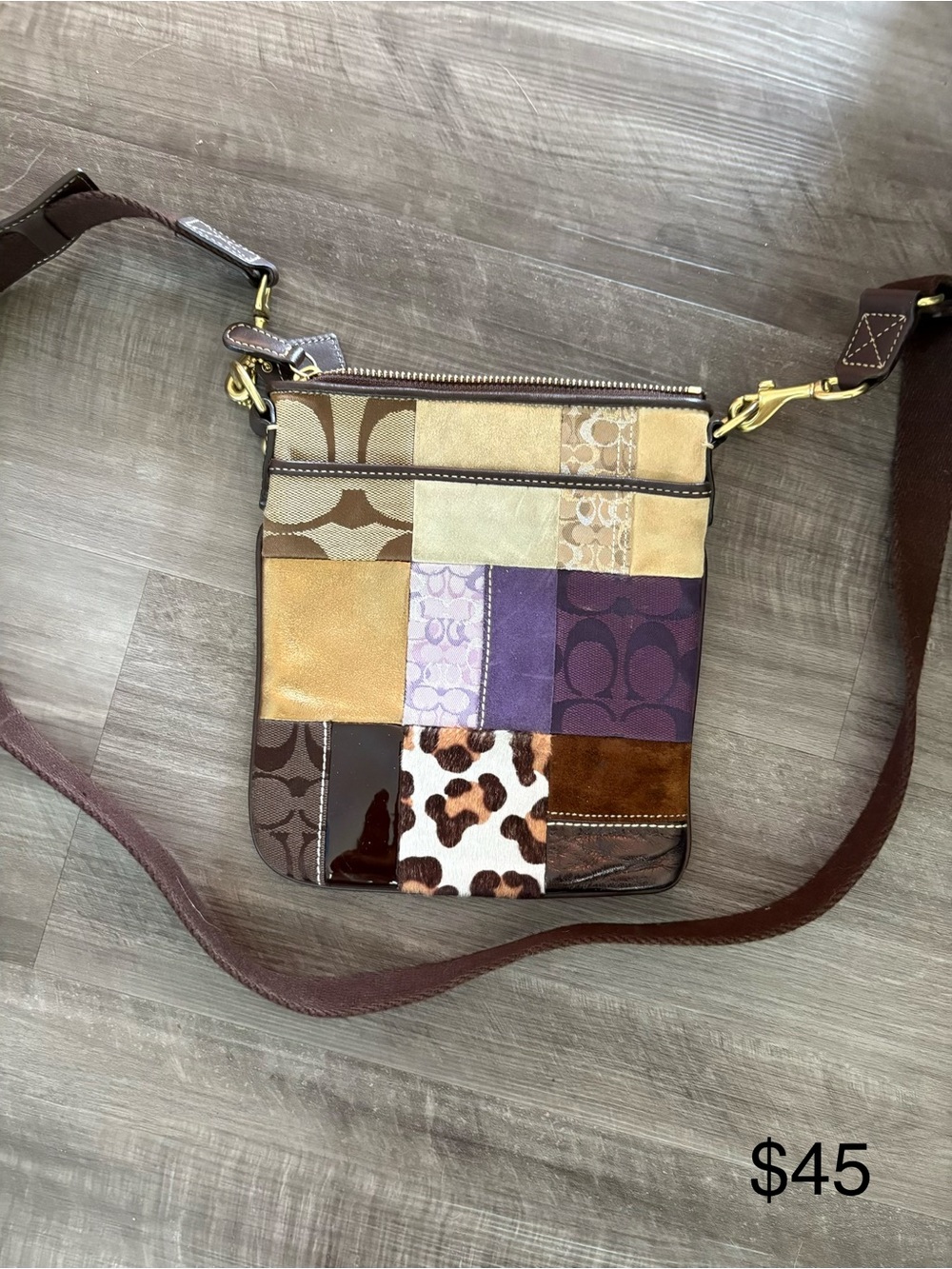 Coach Patchwork Crossbody Bag in Brown, Purple & Tan
